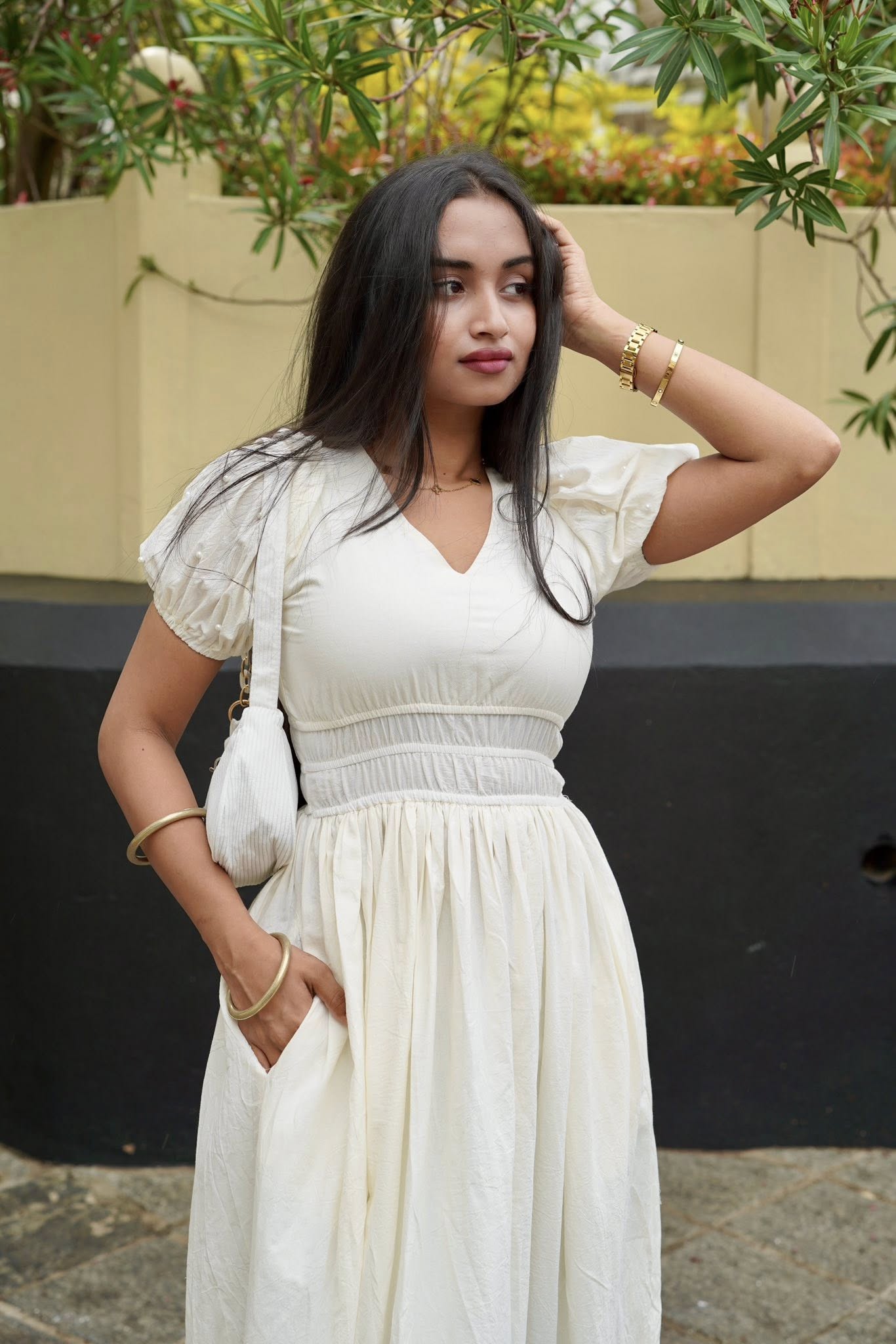 Pearls Attached White Long Dress