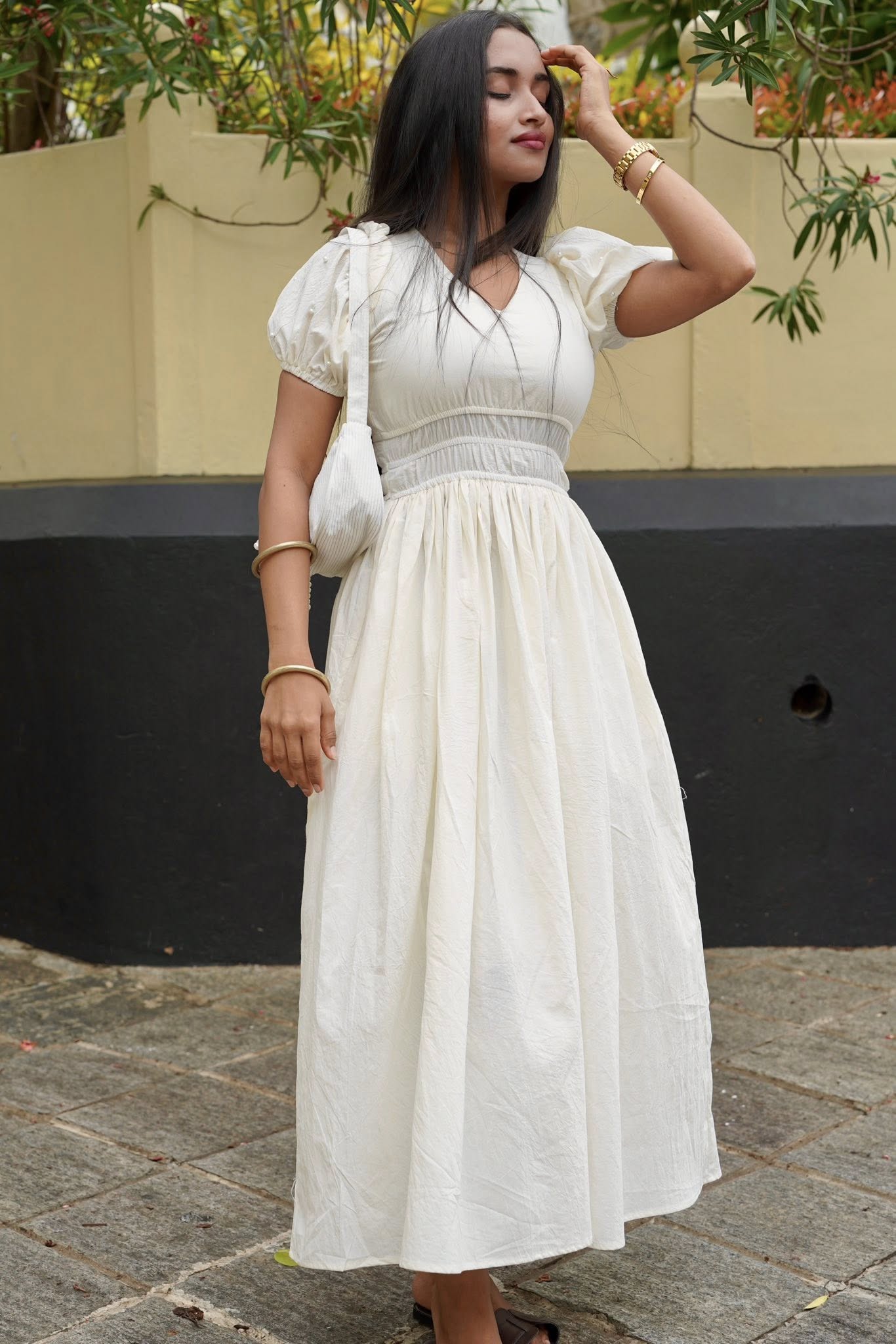 Pearls Attached White Long Dress