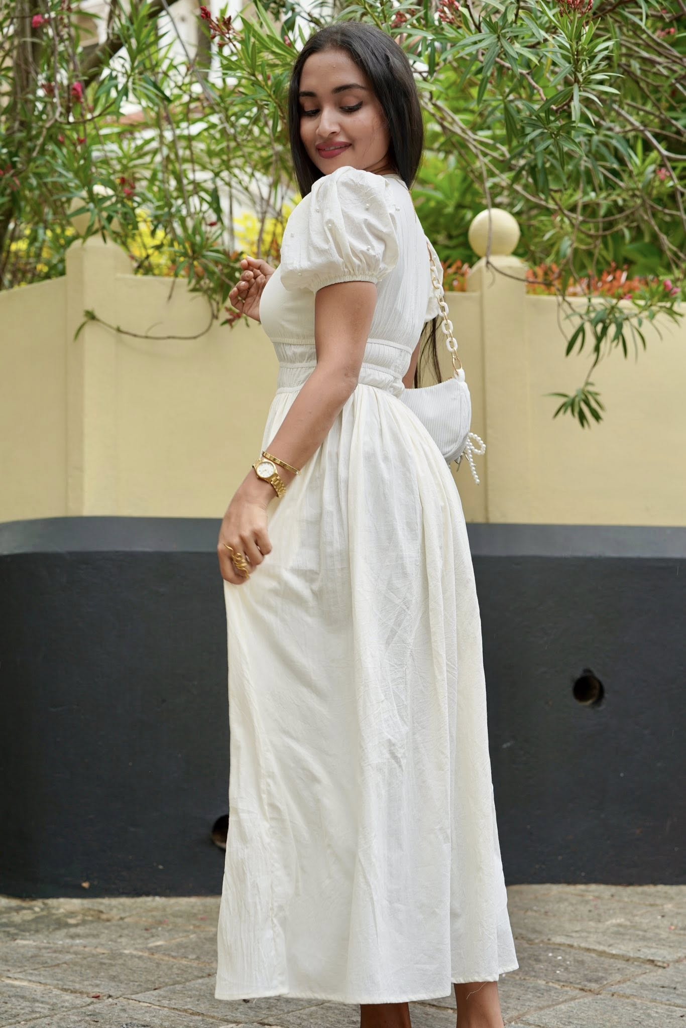 Pearls Attached White Long Dress