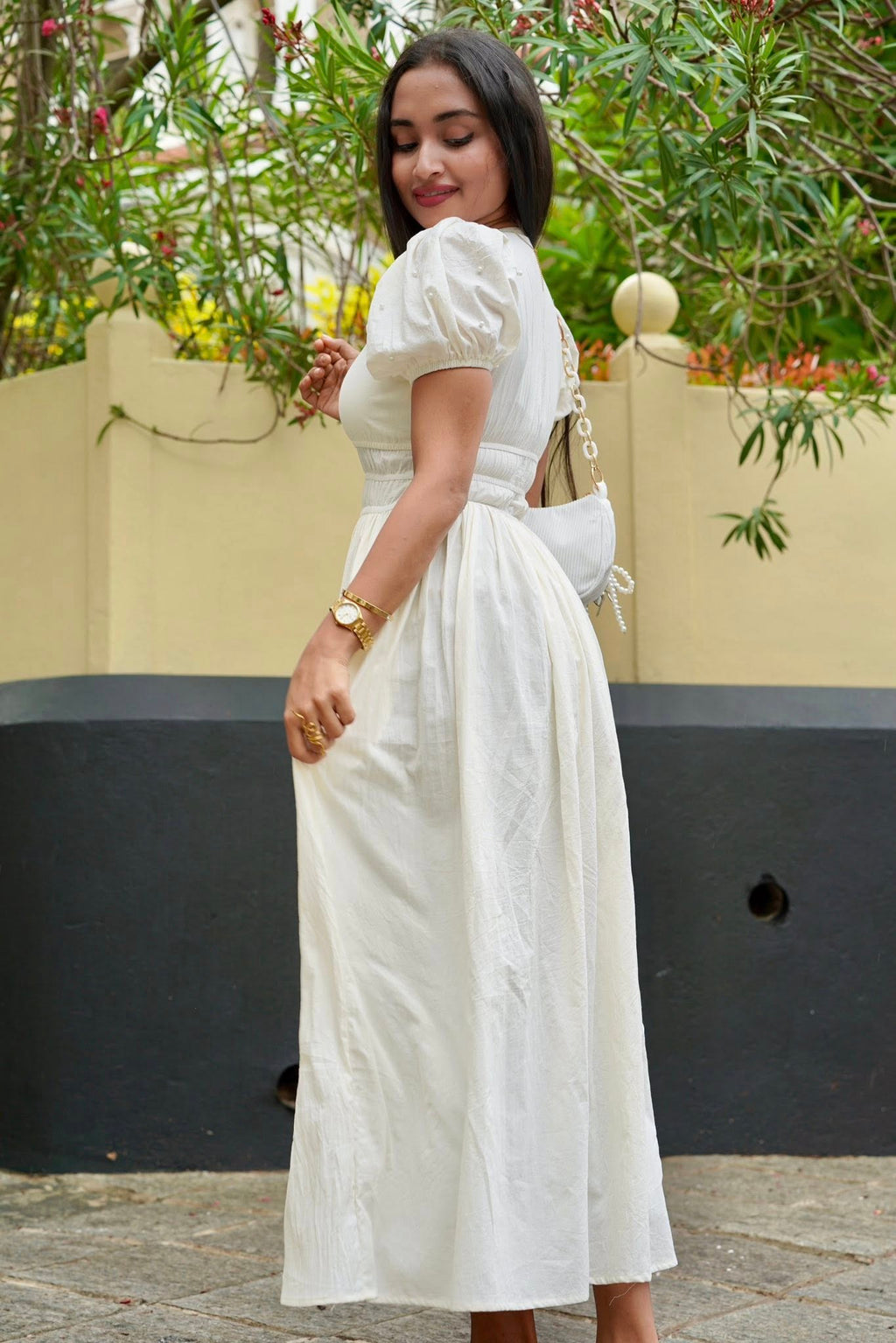 Pearls Attached White Long Dress