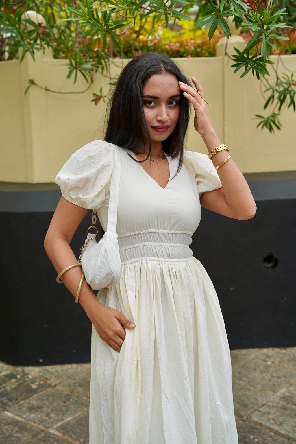 Pearls Attached White Long Dress