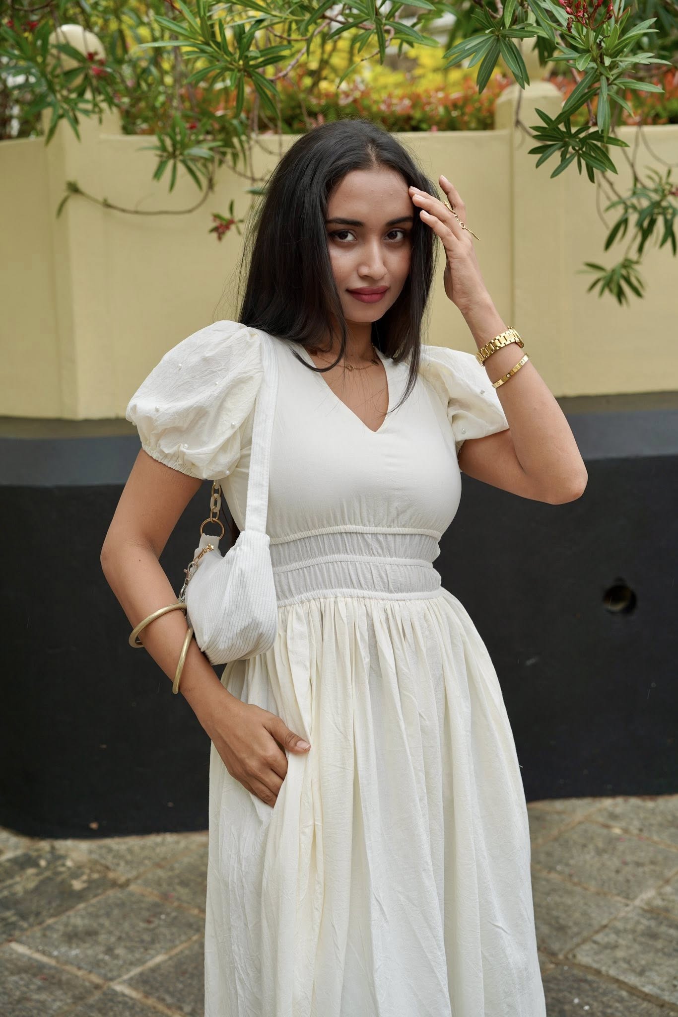Pearls Attached White Long Dress